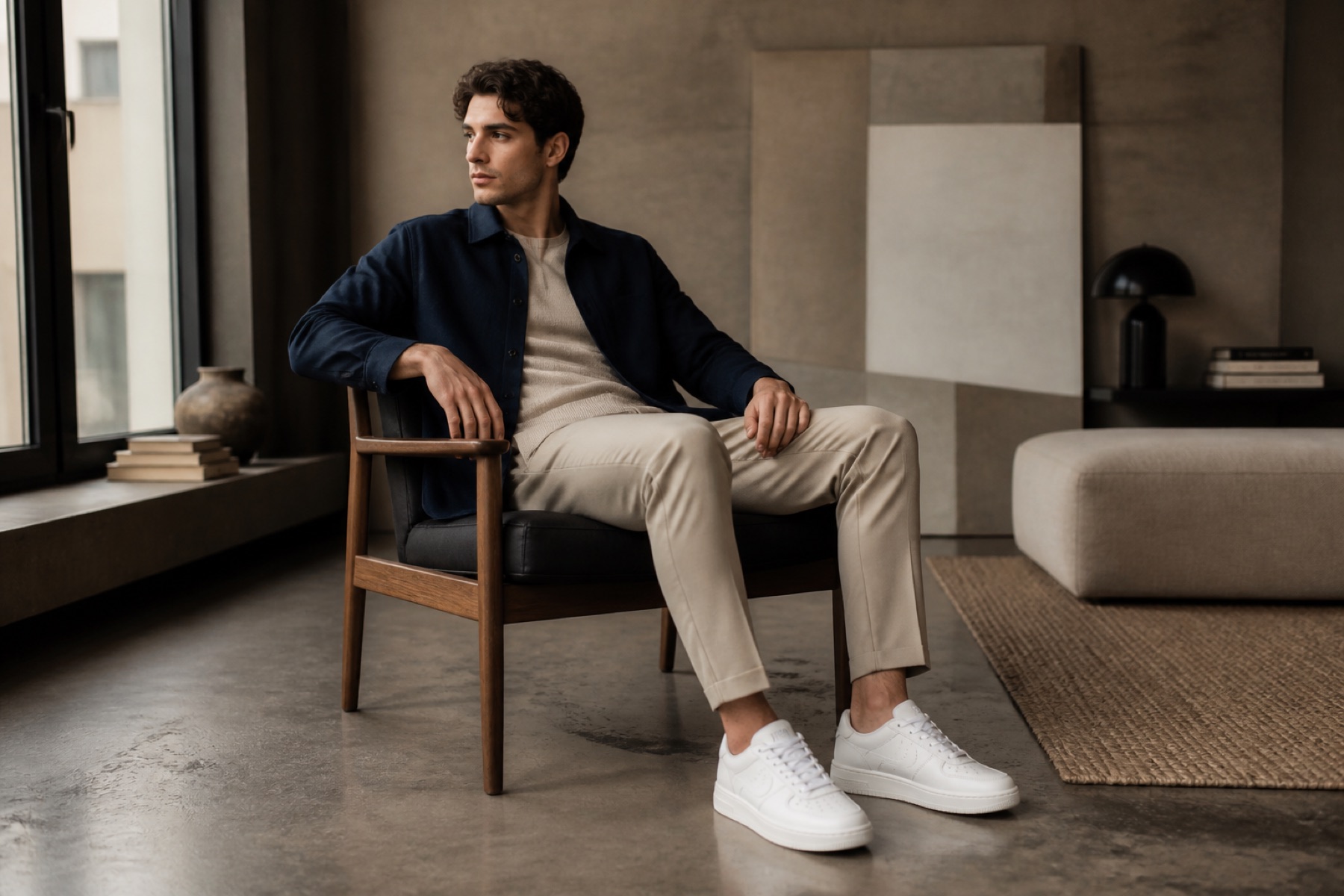 Białe skórzane sneakersy męskie w stylizacji smart casual z beżowymi chinosami